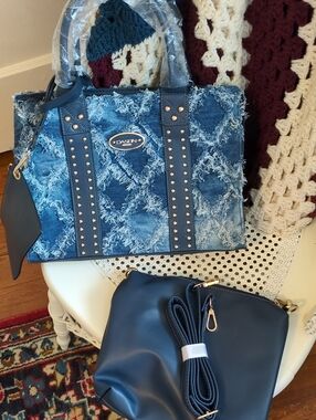 Blue Distressed Denim Tote with Navy Trim